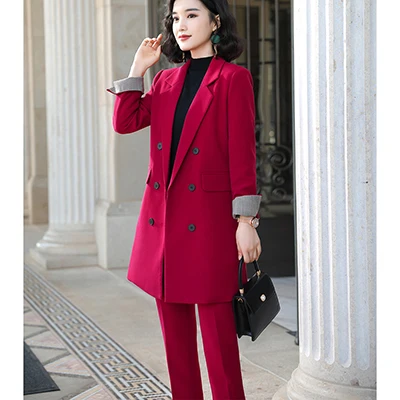 Red Pant Suit Женский брючный костюм, комплект из 2 предметов, офисный Женский комплект с брюками, костюмы, Длинный блейзер, пиджак+ брючный костюм, женский зеленый, красный, черный - Цвет: Red Pant Suit
