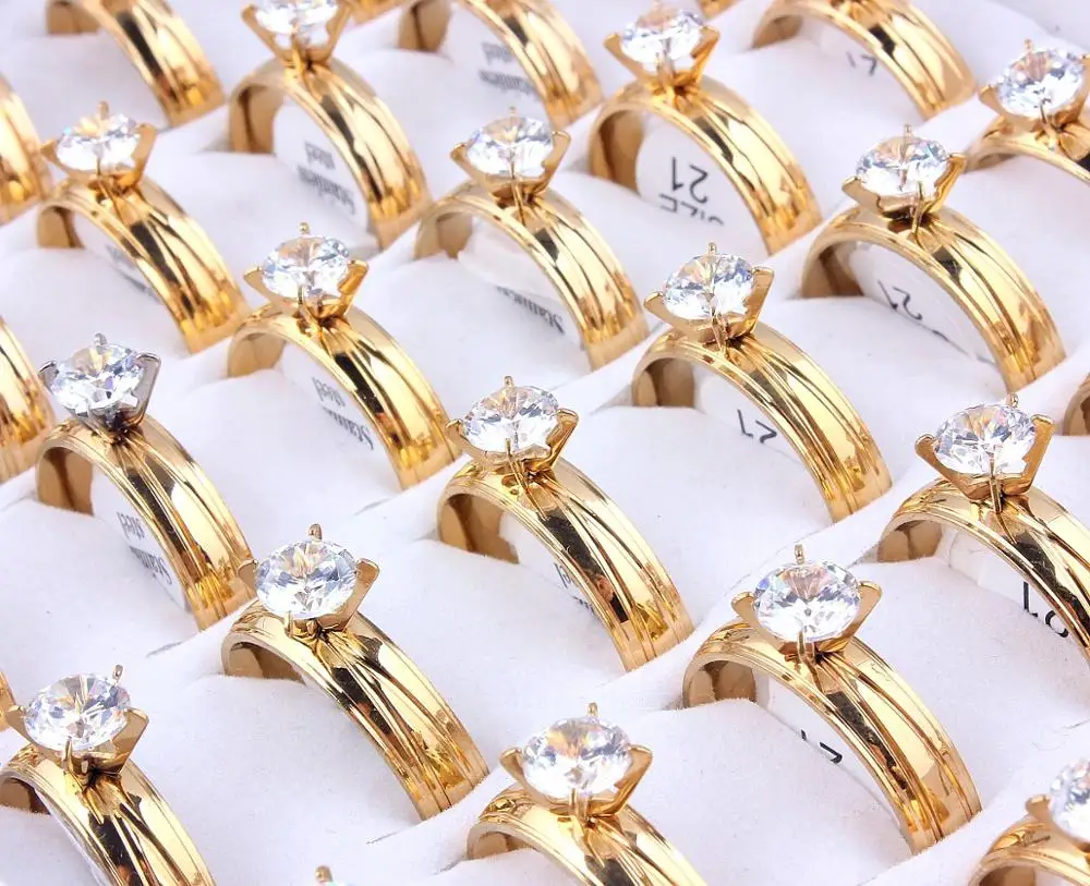 Оптовая продажа оптом 30 шт. золота CZ инкрустация камень кольцо из нержавеющей
