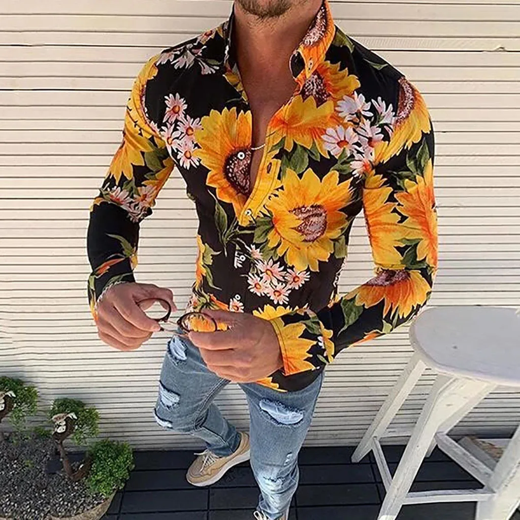 

DIHOPEMen's Floral Shirt Long Sleeve Casual Shirt Fashion sunflower 3D Printed Turn-down Collar Slim Fit Shirt For Mens Clothing