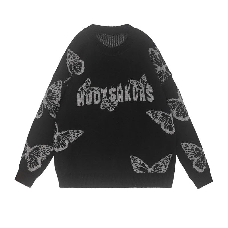 

Dark Butterfly Print Loose Mens Knitwear Sweaters 2021 Harajuku Fashion Hip Hop Tops Casual Streetwear Pullover Sweaters Women
