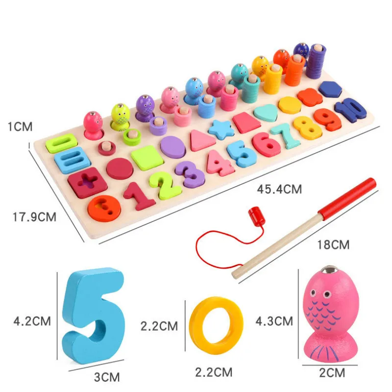 

Baby Montessori Math Toys Kids Educational Wooden Toys 6 In 1 Fishing Count Numbers Matching Digital Shape Log Board Puzzle Toy