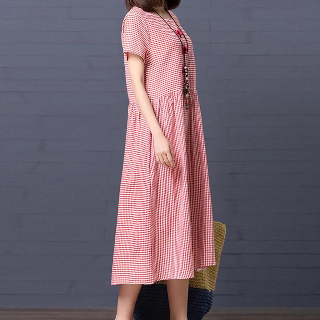

Women Cotton Linen Short-sleeved Buckle Plaid Patchwork Loose Casual Long Dress High Quality Spring Summer Dress party dress