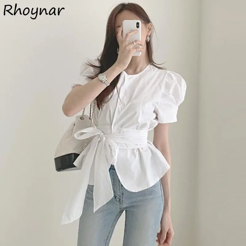 

Shirt Women Summer Short Puff Sleeve Design Sashes Tunic Tops Female Fashion Korean Style All Match Solid Vintage Leisure Ins