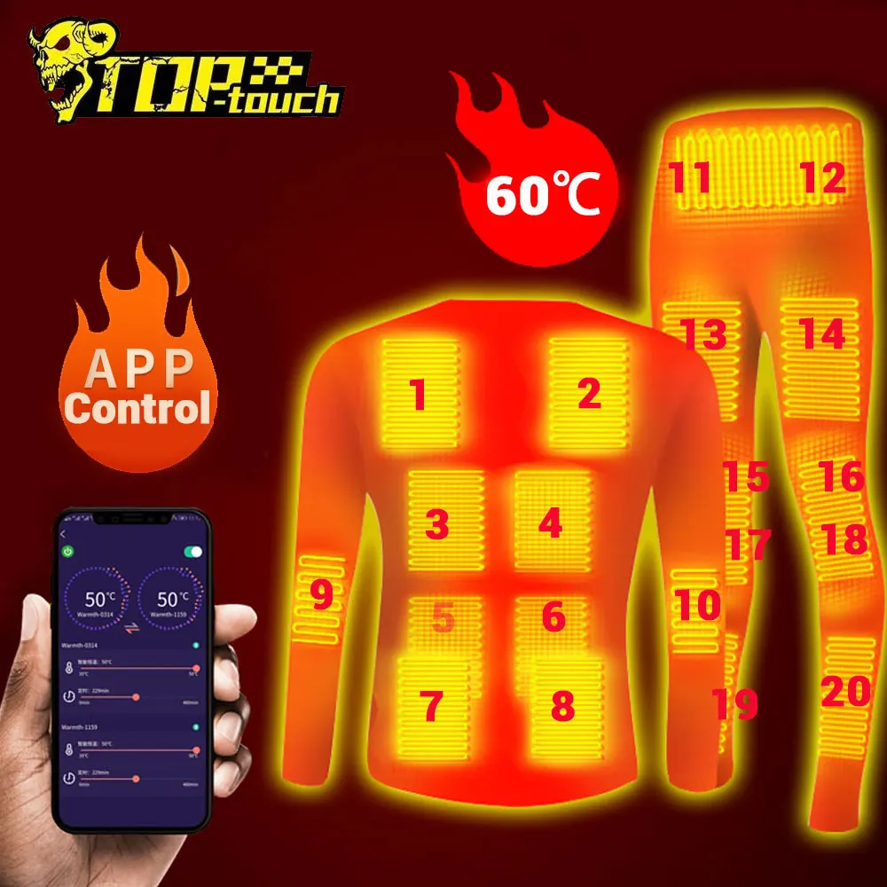 

Winter 20 Zones Heated Underwear Suit Smart Phone APP Control Temperature USB Battery Powered Fleece Thermal Motorcycle Jacket