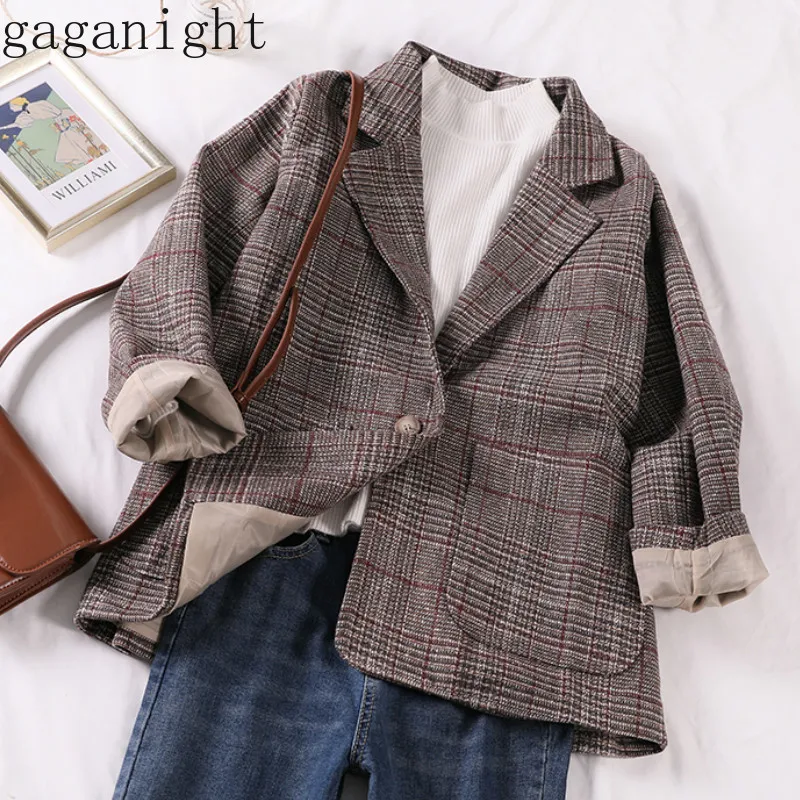 Gaganight Повседневная Классическая Офисная Женская клетчатая куртка двубортный