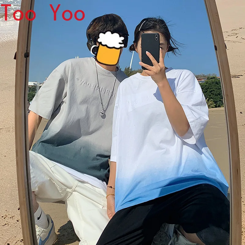 

Summer 2021 gradual change of color fall shoulder cuff men and women loose all-match couples short sleeves half sleeves