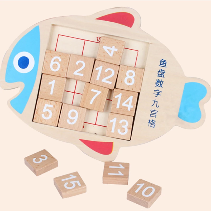 

Creative Kids Math Toys Wooden Fish Shape Digital Numbers 1-15 Brain Teaser Huarong Road Toys For Children IQ Developmental Gift
