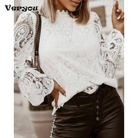 new elegant embroidery hollow out lace blouse shirt women sexy petal long sleeve pullover tops ladies 2021 autumn stand collar