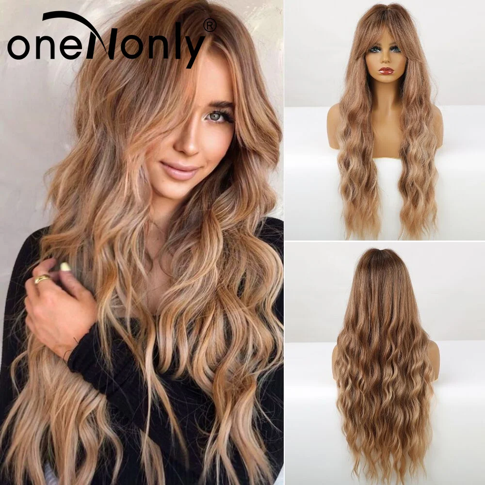 

oneNonly Long Ombre Loose Wave Wig Brown Blonde Synthetic Wigs with Bangs for Women Cosplay Natural Hair Heat Resistant
