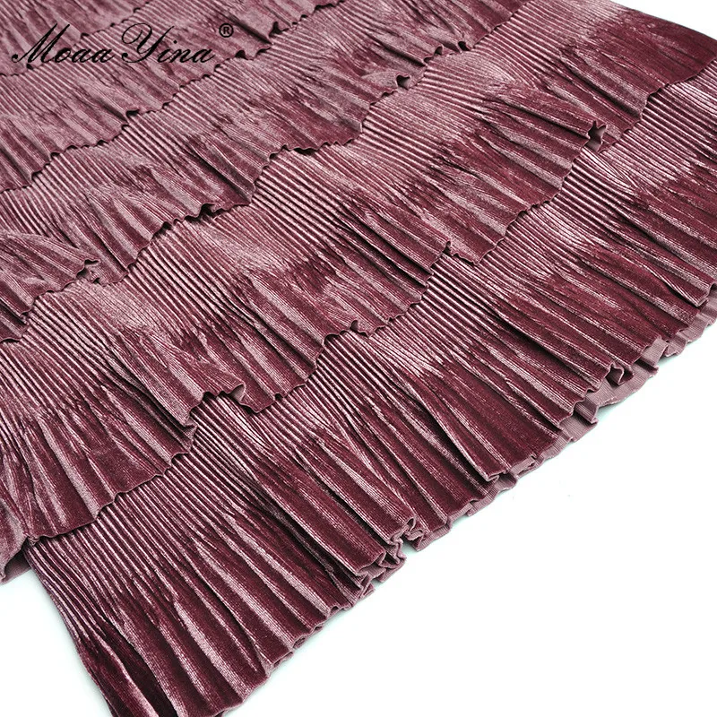 

MoaaYina Fashion Designer dress Autumn Women's Dress Flare Sleeve Mesh Cascading Ruffle Velvet Vintage Dresses