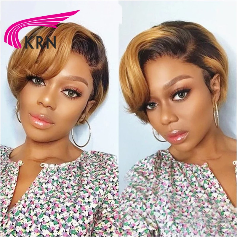 

1B27 Ombre Honey Blonde Lace Front Human Hair Wigs Pixie Cut Wigs Remy Short Brazilian 180% Density 13X4 Pixie Wigs High Ratio