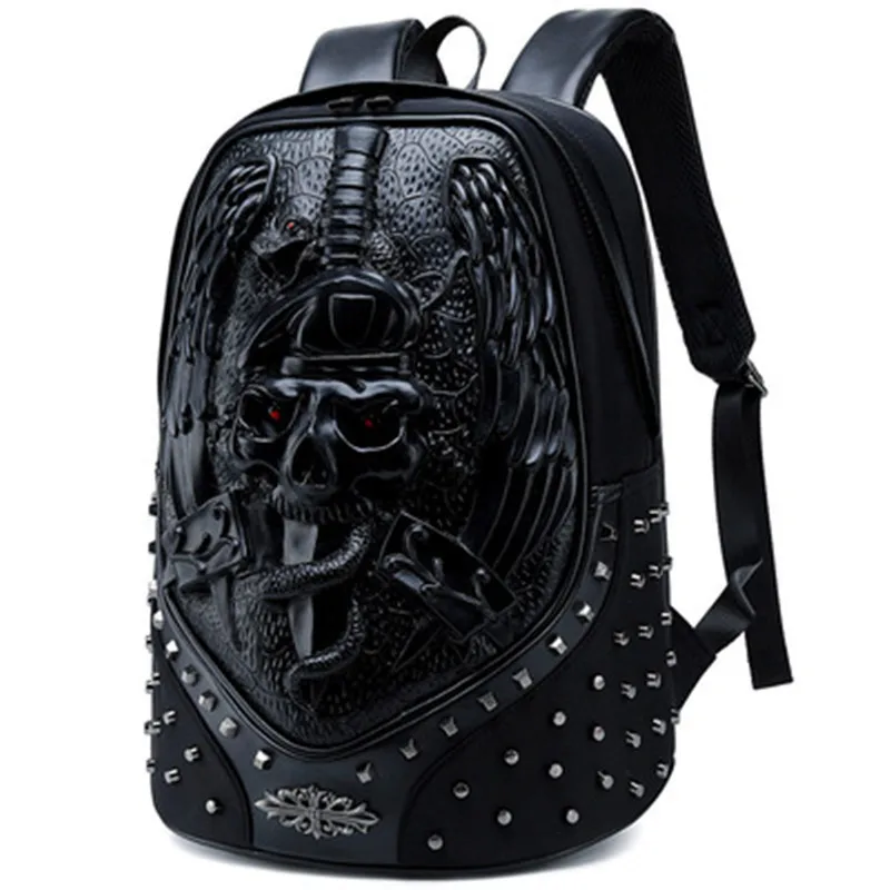 

3d Embossed three-dimensional skull backpack men's spirit snake punk backpack pu leather waterproof computer bag