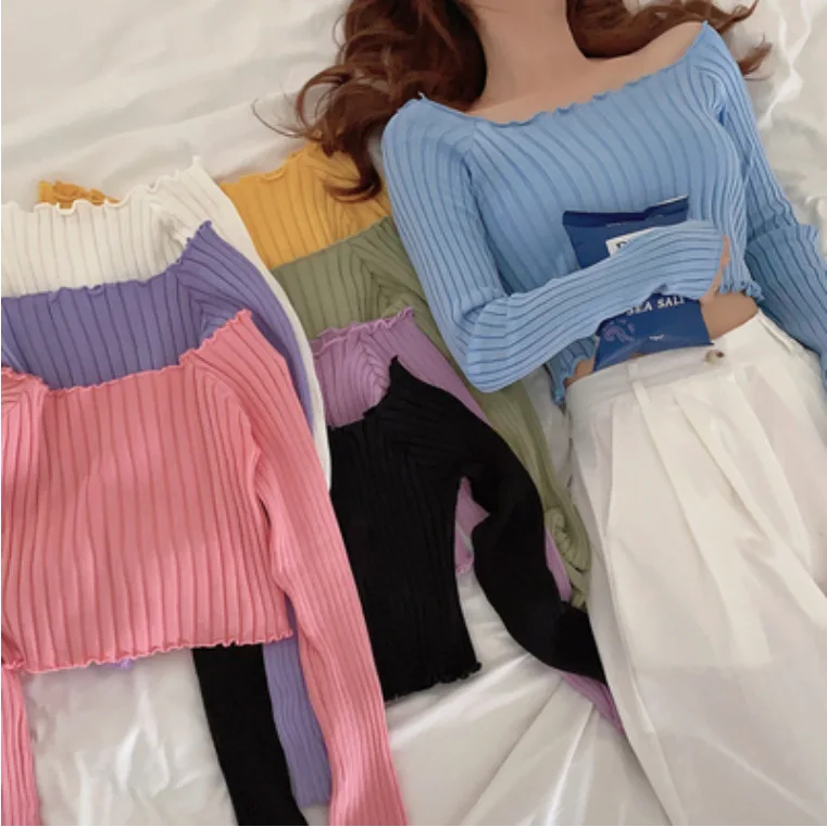 

ZOGAA Women Off Shoulder T-shirts Knitting Crop Tops Women Solid Long Sleeve Cute Ruffles Hem T-shirts For Women 2021 Summer