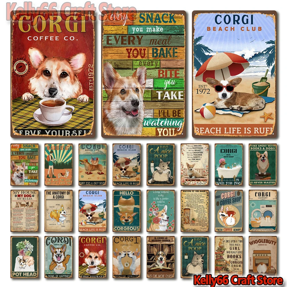 

[ Kelly66 ] Pet Corgi Dog Coffee And Book Beach Club Bath Soap Art Tin Poster Metal Sign Bar Decor Painting 20*30 CM Size Dy245