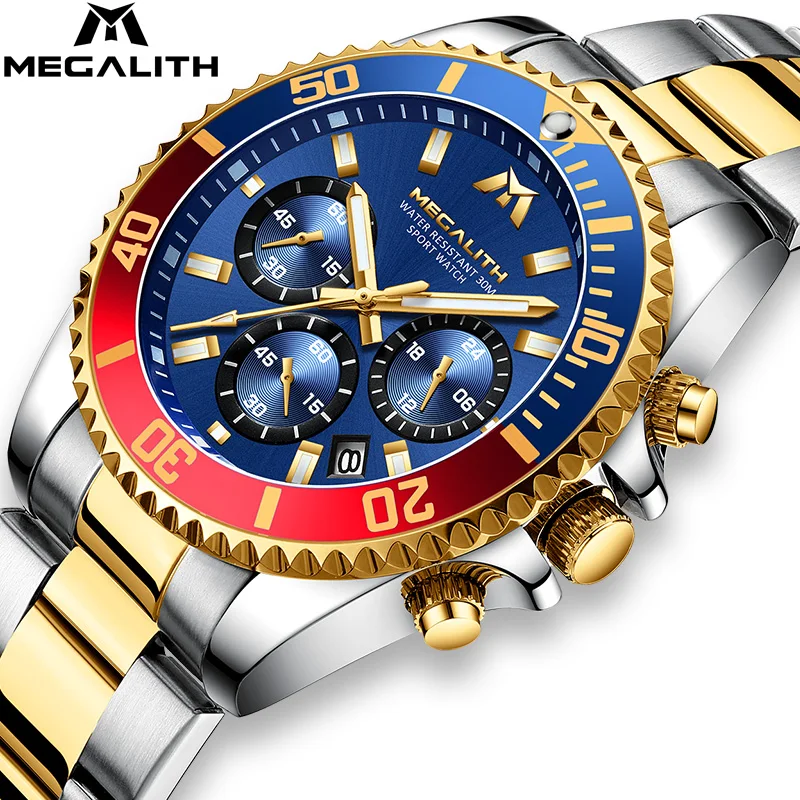 

MEGALITH Stainless Watches Man Top Fashion Brand Waterproof Silver Gold Chronograph Sports Quartz Watches Men Relogio Masculino