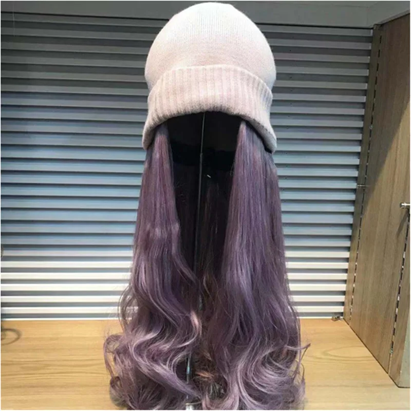 

Fashion Wavy Knitted Berets Synthetic Natural Wig Black Hat Wigs Cap With Hair Naturally Connect Baseball Cap Adjustable Warm