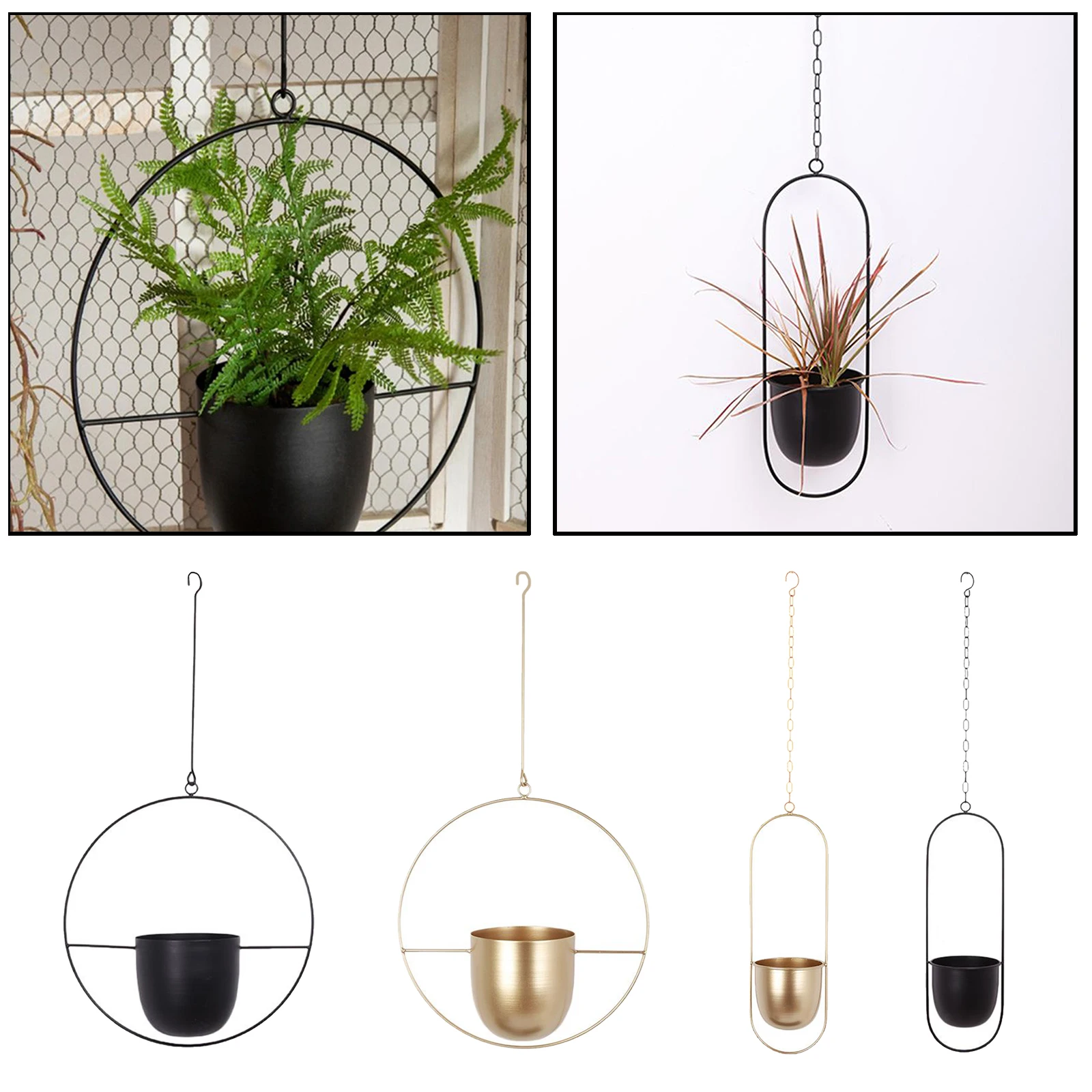 

Metal Plant Hanger with Plastic Pots, Modern Flower Pot Plant Holder in Geometric Shape, Home Garden Balcony Decoration