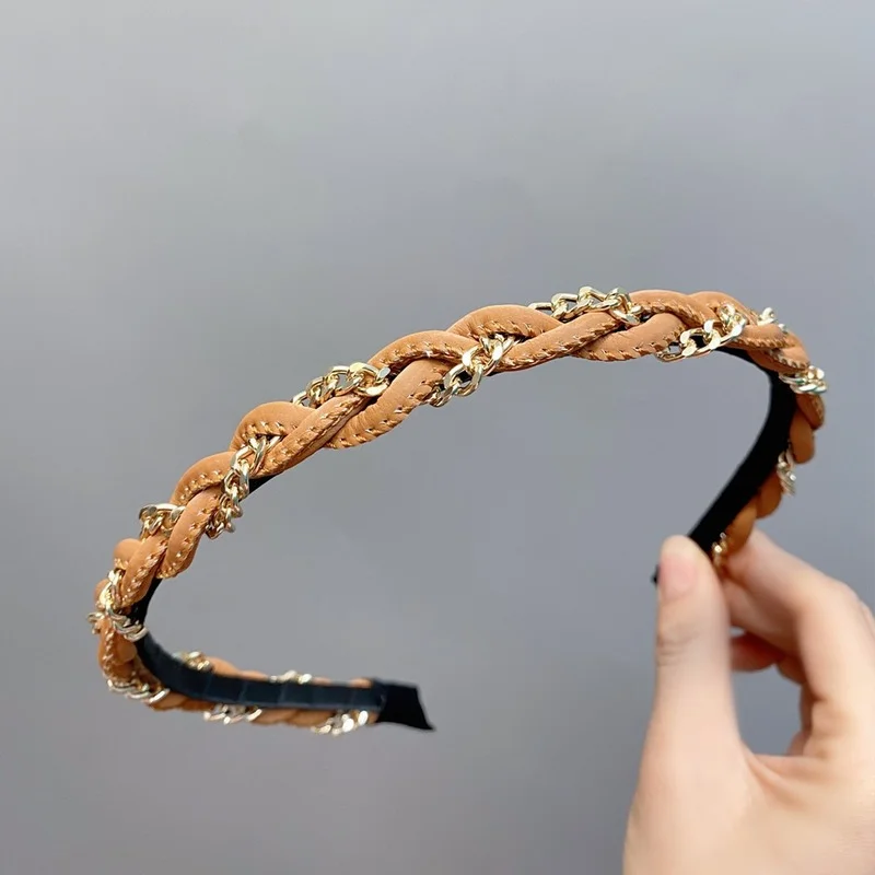 

Retro Temperament Women's Headband Fashion Girl PU leather chain knitting Hairband Candy Color Women's Hair Hoop Headdressew