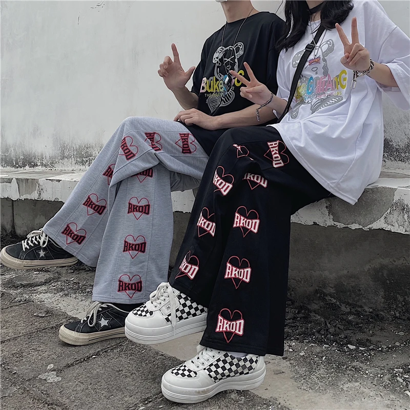

Harajpoo Women Pants Straight Casual Summer Korean Ins Retro Heart Shaped Letter Printing Couple Loose Thin Wide Leg Trousers