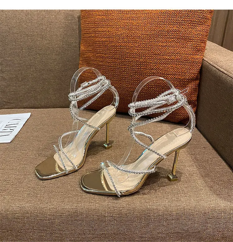 

Square head thin heel strap 2021 summer new versatile silver thin ribbon diamond sandals women's Fairy fashion high heels