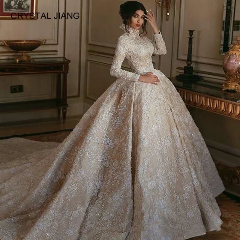 

New Fashion 2020 Muslim Long Sleeves Bride Dress Custom made Lace Ball Gown Wedding Dress with Long Train Women Dress Elegant