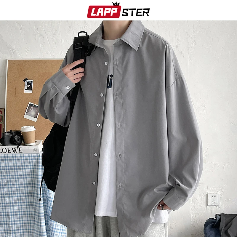 LAPPSTER Men Korean Fashion White Long Sleeve Shirts 2022 Mens Harajuku Black Oversized Shirt Male Button Up Shirts Blouses 5XL