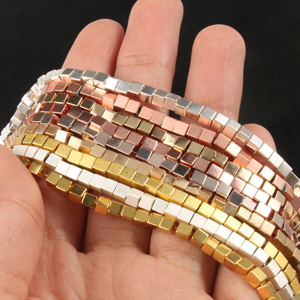 

Square Stone Bead Matte 18K Rose Gold Silver Color Hematite Loose Beads for Jewelry Making Beadwork DIY Bracelet 15''