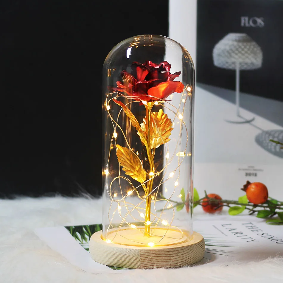 Wood red Красота и с рисунком из мультфильма «Красавица и Чудовище» в виде красных роз с яркие светодиодные светильник в Стекло купол для Свадебная вечеринка, подарок на день Святого Валентина, подарок на день матери - Цвет: Wood red
