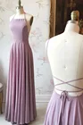 Женское шифоновое платье подружки невесты, Элегантное Длинное плиссированное платье А-силуэта с V-образным вырезом, пыльно-розовое платье в пол с бретельками на спине, для торжественных случаев и свадеб