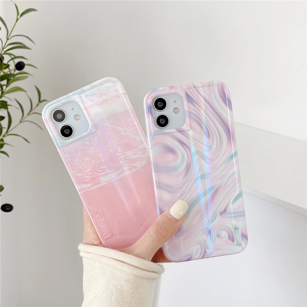 

Stylish Laser Purple Pink Phone Case For iPhone 12 11 Pro XS MAX XR X 8 7 Plus SE 20 Soft IMD Geometric Silicone Back Cover Capa