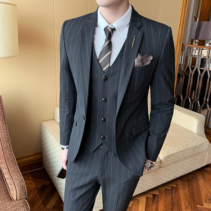 

(Jacket+Vest+Pants) Fashion Men Suit Slim Fit Prom Wedding Suits for Men Groom Pure cotton stripe Tuxedo Set Casual Man Blazer