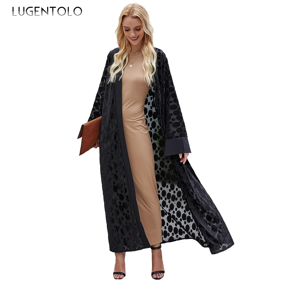

Lugentolo New Women Long Dress Fashion Muslim Dot Solid Arab Abaya Long Sleeve Dress Cardigan Lady Elegant Loose Maxi Dresses