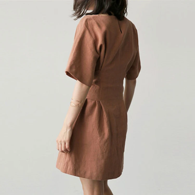 Женское Плиссированное мини-платье повседневное хлопково-льняное платье с