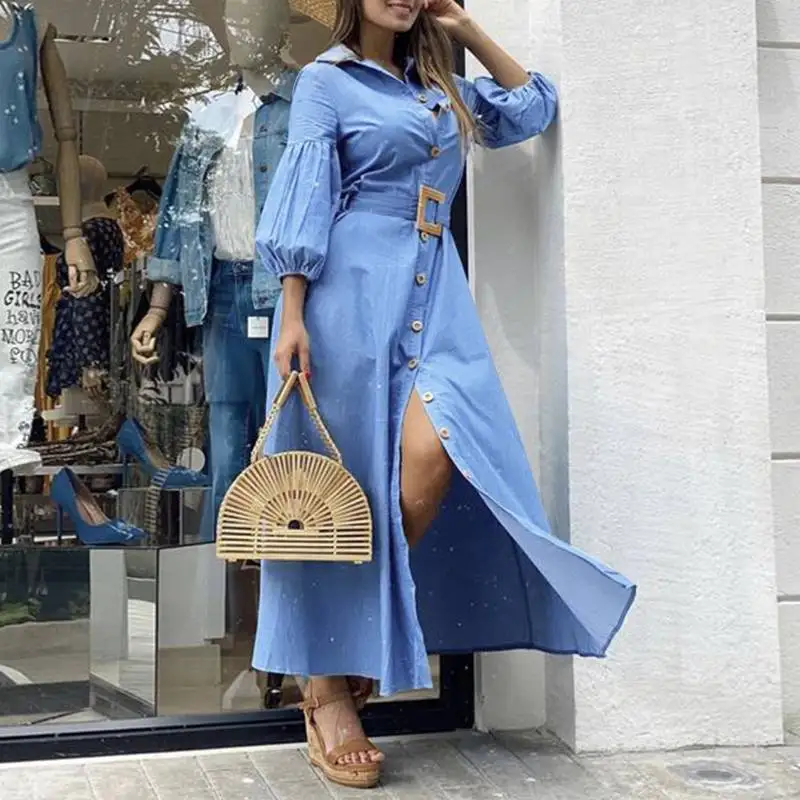 

FAKUNTN Elegant Office Ladies Dress Elegant Women Long Dresses 2021 VONDA Ladys Puff Sleeve Lapel Collar Sundress Vestido