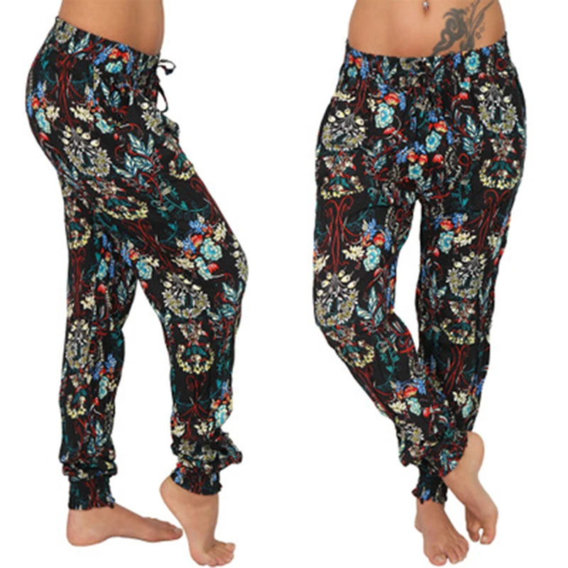 

Summer Plus Size S-2XL Pants Women Ladies Casual Bohemia Printed Pockets Wide Leg Loose High Trousers Harem Pants