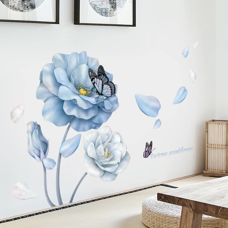 126*86cm Large Blue Flower Wall Stickers for Living room Bedroom Sofa Background Butterfly Vinyl Decal Eco-friendly Mural | Дом и сад