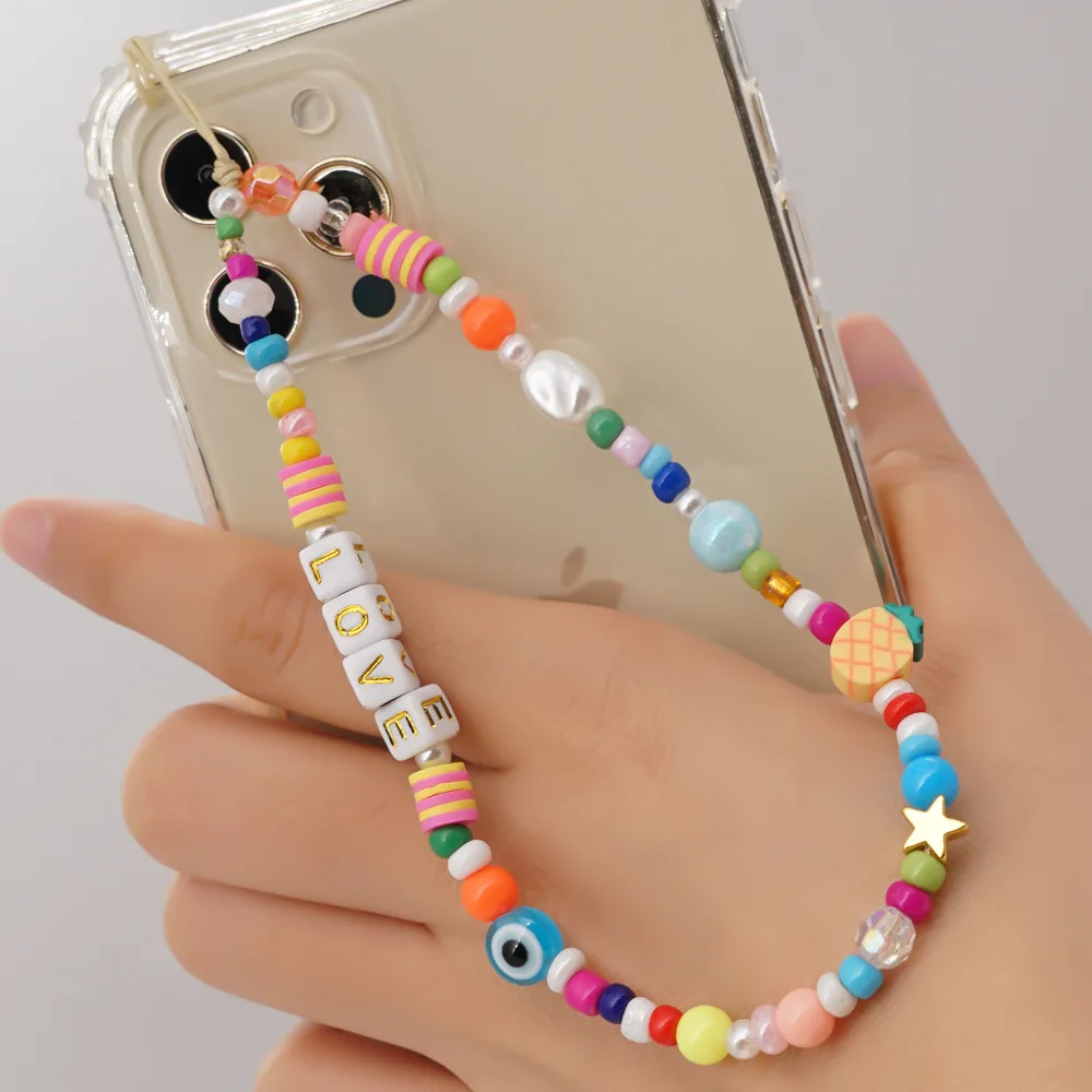 

Simple Personality Beaded Female Mobile Phone Cases Chain LOVE Letter Trend Handmade Pearl Fruit Mobile Phone Hanging Cord