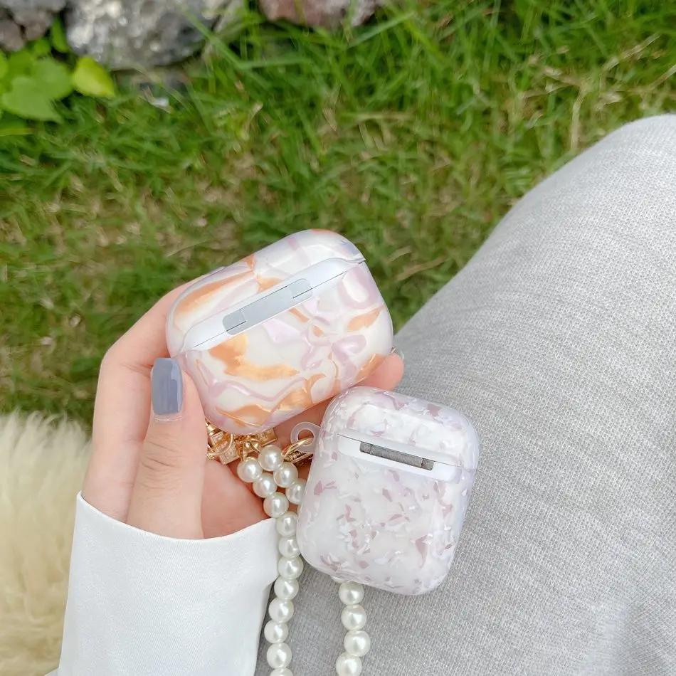 

For AirPods / AirPods Pro 3 2 1 Luxury Marble Headset Case Earphone Cute Pearl Key Chain Protection Cover Air Pods Case