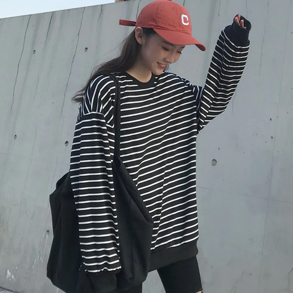 Осенние толстовки для женщин 2019 с О образным вырезом в полоску Свободный Топ