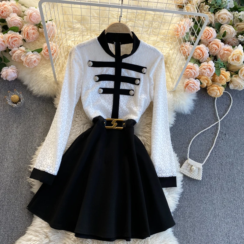 

British style retro double breasted slim fit short design feeling contrast stitching Lace Long Sleeve Dress small dress