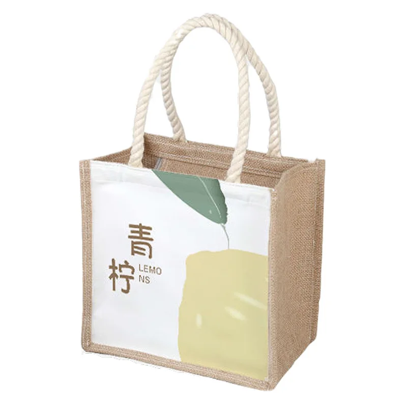 

jute shopping Bag woman hand Bag cotton hemp Lunch Box Picnic handbags Tote for Kids School Food Bag female drink organizer