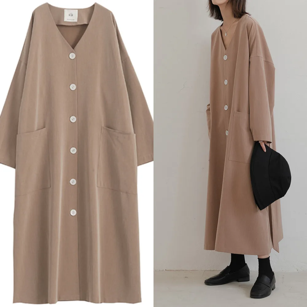 

Women Korean Fashion Dress Casual Light Brown Long V Neck Pocket Lace Up Midi Loose Dresses Vestidos