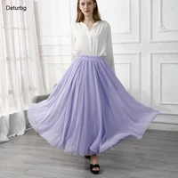 womens elegant flowy solid maxi skirt boho high waist 3 layers chiffon non transparent beach a line skirts 2021 autumn sk906