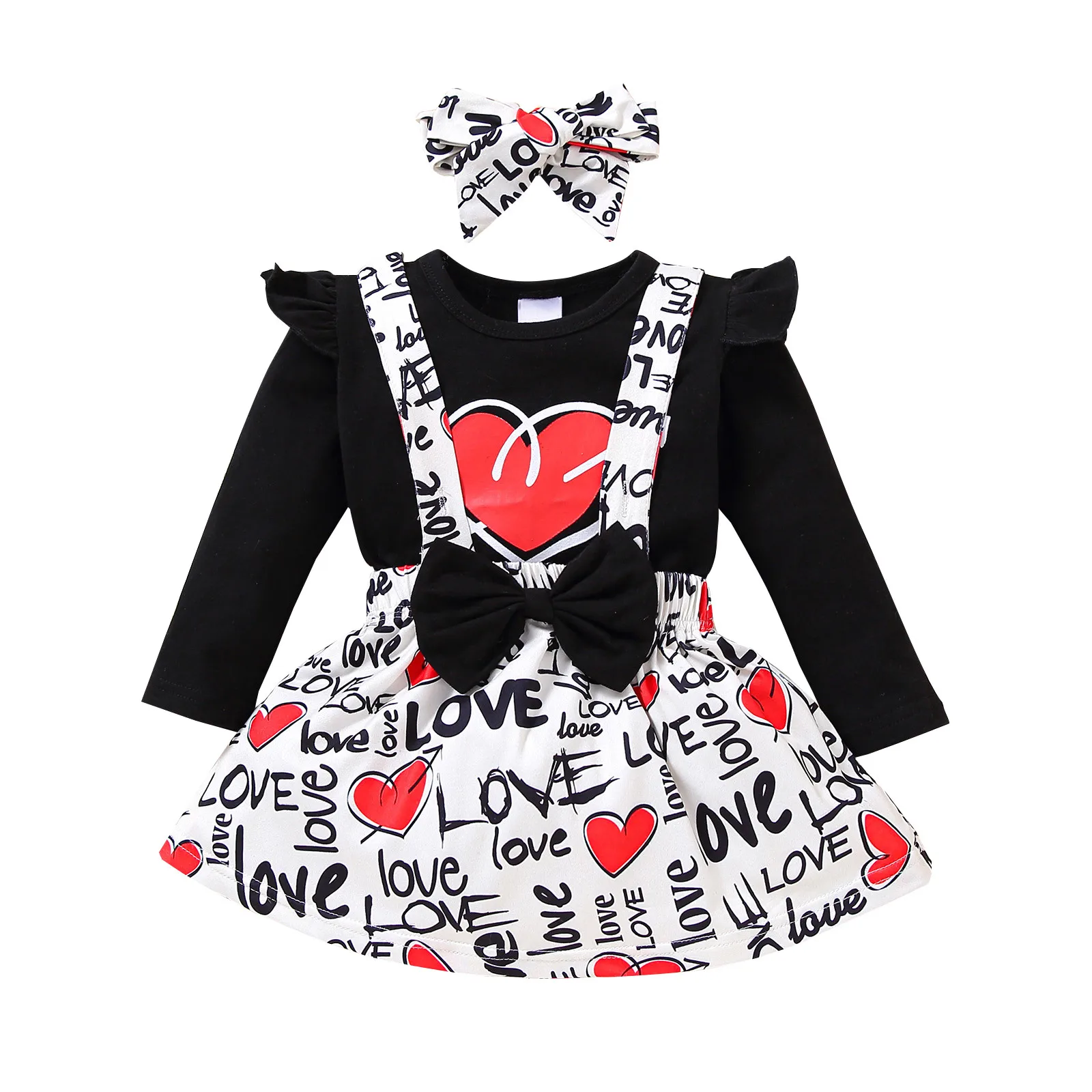 

Love Heart-shaped Baby Girls Clothes Set Valentines Day Children Toddler Outfits Long Sleeve Tops Print Suspender Bow Skirt Sets