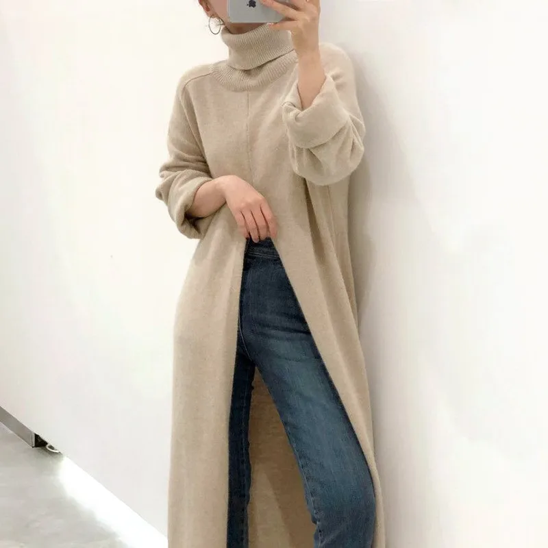 

Корейский шикарный модный длинный женский свитер с высоким воротником с разрезом осень-зима 2021 вязаные топы элегантные свободные женские в...