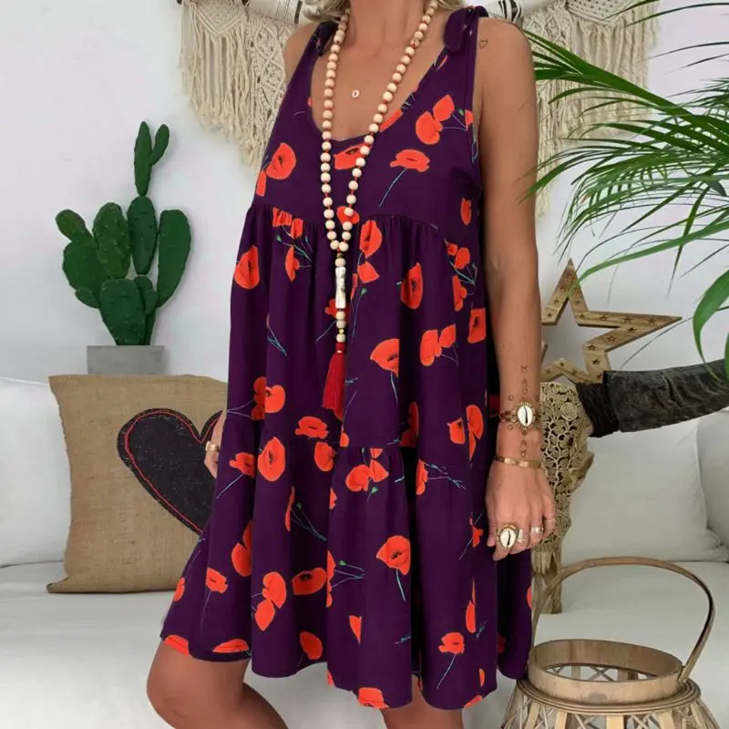 

Plus Size Women Retro Boho Sleeveless Summer Beach Casual U Neck Tops Shirt Mini Dress Holiday Beachwear Q1FA