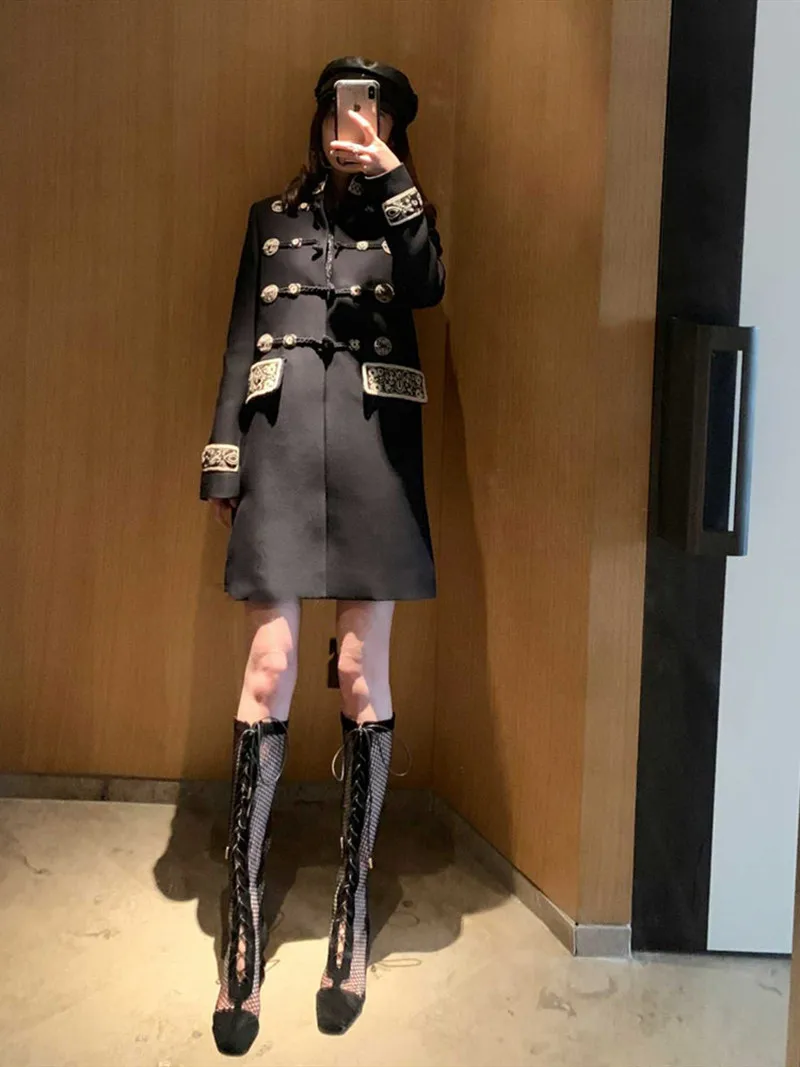 Винтажном стиле военно-морской флот Стиль пальто для женщин 2019 осень с вышивкой