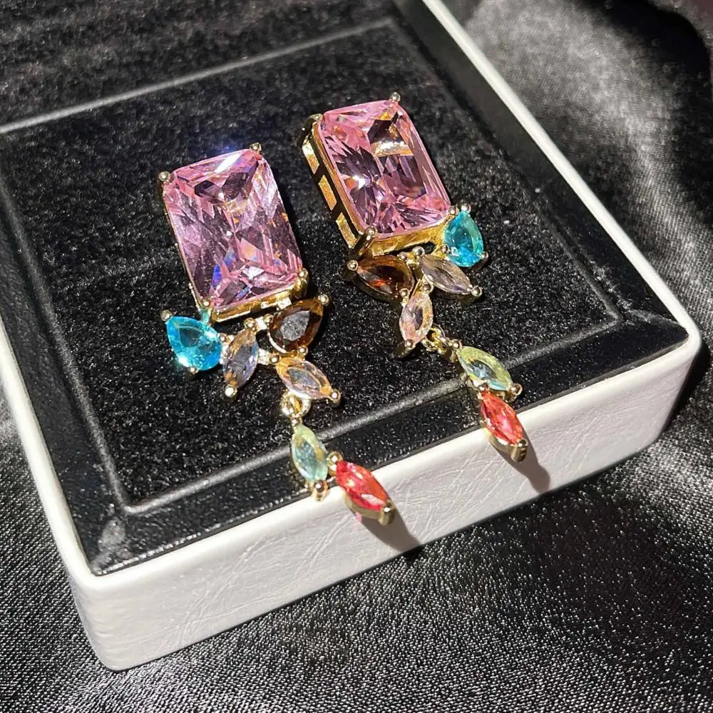 

Geometric Irregular Zircon Earrings Color Stitching Square Marquise Diamond Earrings Noble Crystal Gem Earrings