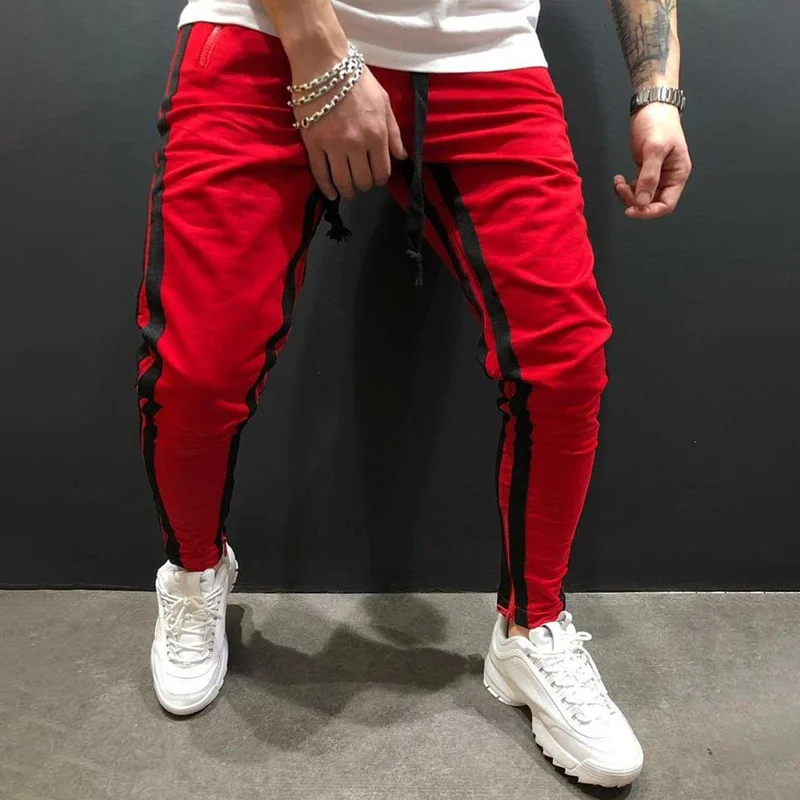red-black Хлопок, мужская спортивная одежда, повседневные Стрейчевые Мужские штаны для фитнеса, облегающие спортивные брюки, брюки для бега - Цвет: red-black