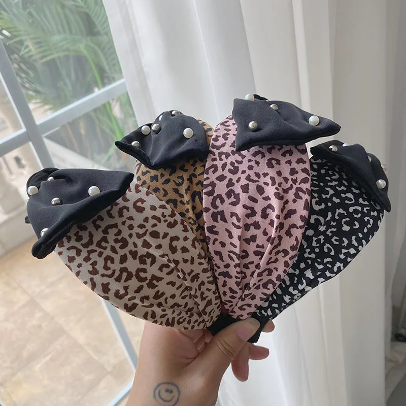 

Korean Leopard-print Pearl Bow Hair Bands for Women Wide Headband Leopard Hairbands Floral Hair Band Bow Knot Hair Accessories